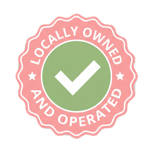 A pink circular badge with a white checkmark and the text "LOCALLY OWNED AND OPERATED" in a white border.